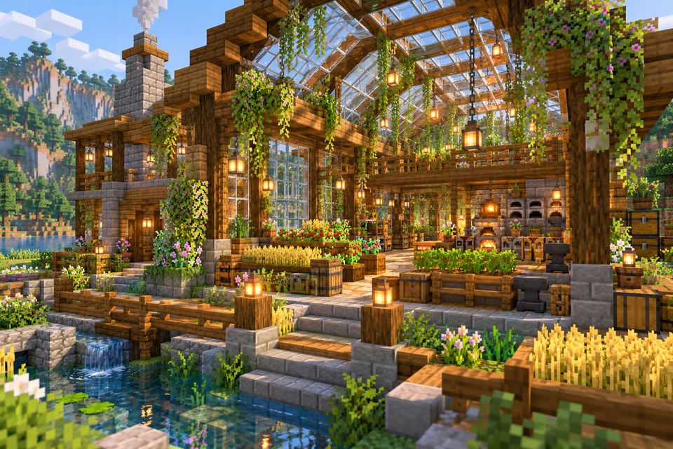 Oficina e estufa construídas em um cenário voxel Oficina e estufa construídas em um cenário voxel