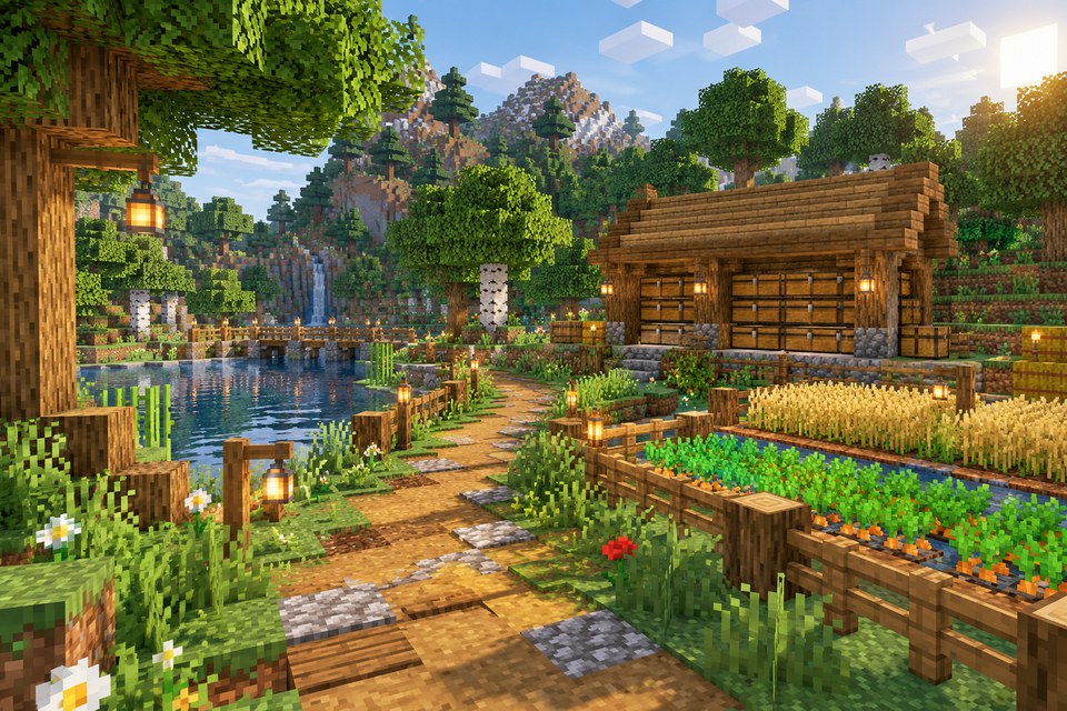 Caminho de floresta e cultivo em cenário voxel Caminho de floresta e cultivo em cenário voxel