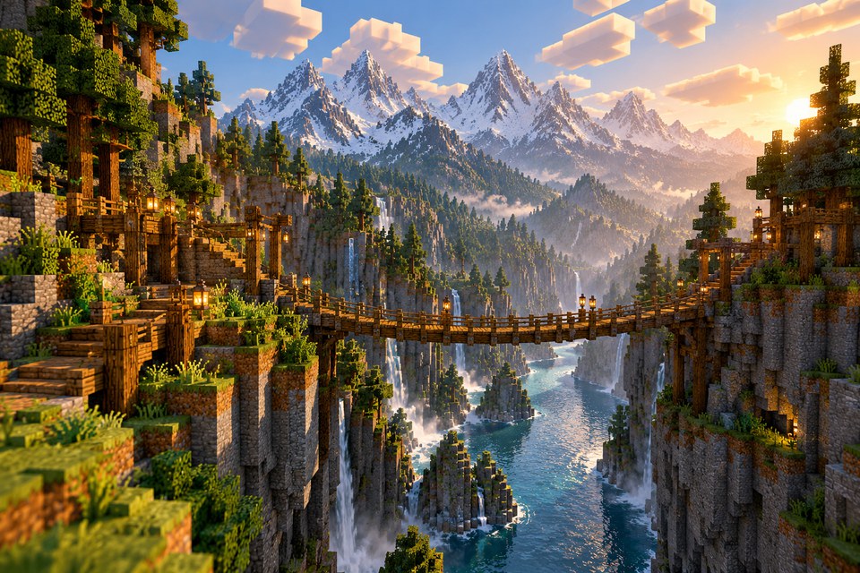 Cânion e ponte em um mundo de blocos imaginado Cânion e ponte em um mundo de blocos imaginado