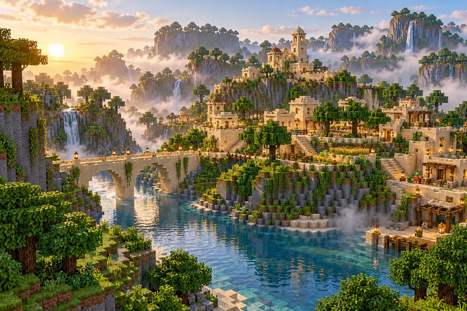 Paisagem em blocos com vila, rio e ponte Paisagem em blocos com vila, rio e ponte